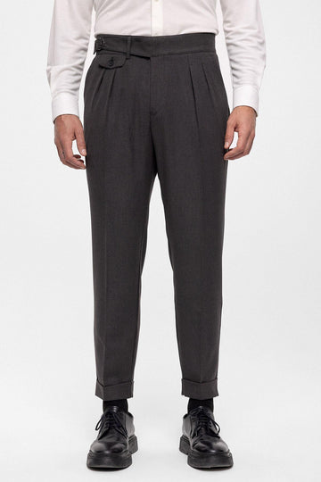 Pantalon Homme Anthracite Taille Haute (Boyfriend) En Tissu Plissé Avec Ceinture À Boucle - Wessi
