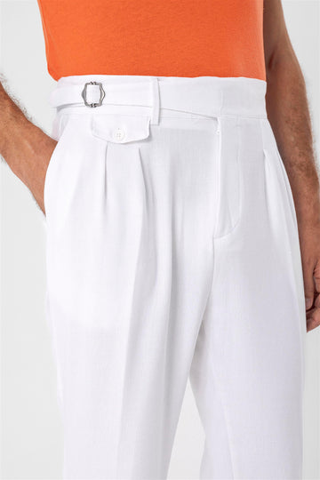 Pantalon Homme Blanc Taille Haute (Boyfriend) En Tissu Plissé Avec Ceinture À Boucle - Wessi