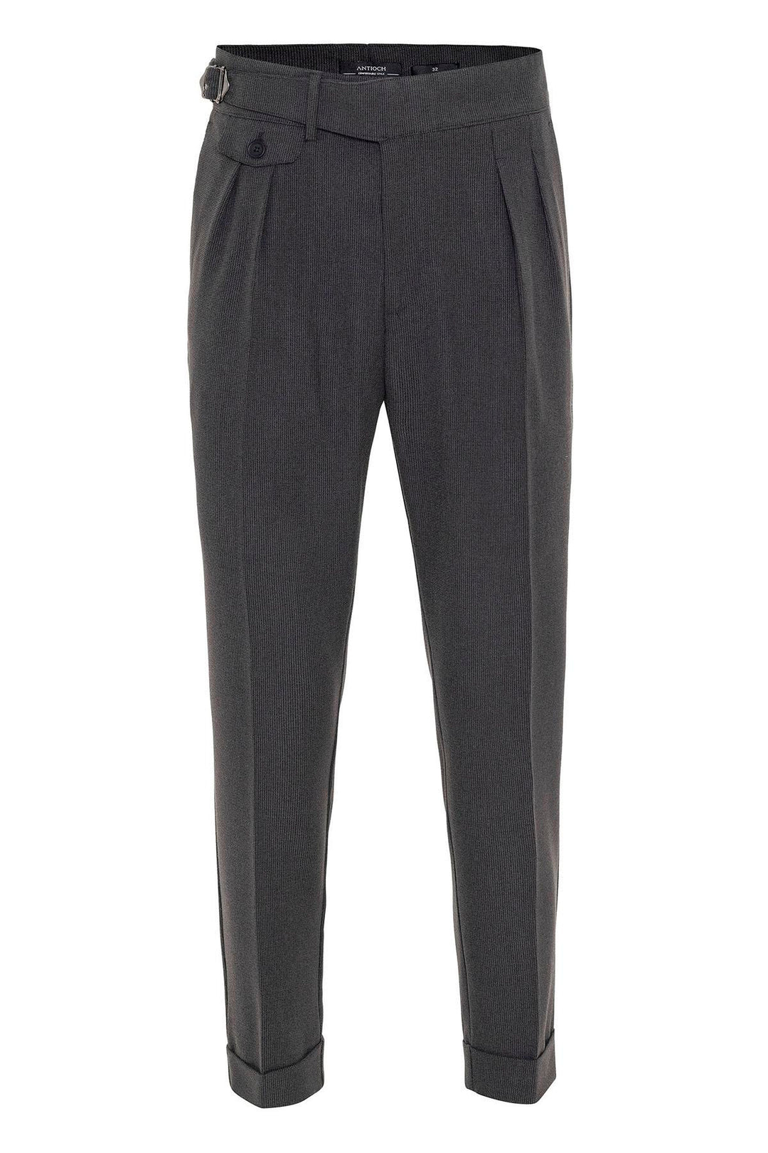 Pantalón De Hombre De Tela Plisada De Talle Alto (Boyfriend) Antracita Con Cinturón Con Hebilla - Wessi