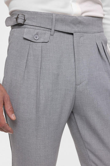 Men's Light Grey High Waist (Boyfriend) Pleated Fabric Trousers With Buckle Belt - Wessi