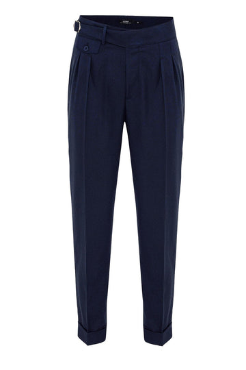 Pantalon Homme Bleu Marine Taille Haute (Boyfriend) En Tissu Plissé Avec Ceinture À Boucle - Wessi