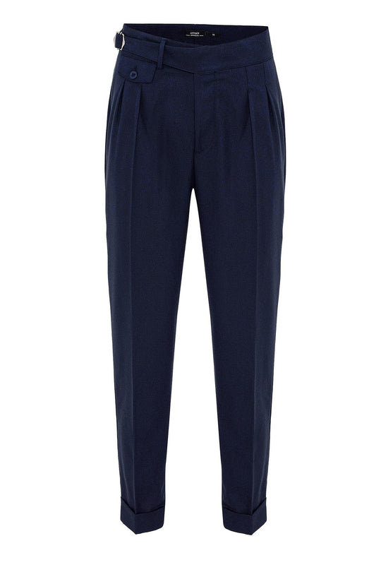 Pantalon Homme Bleu Marine Taille Haute (Boyfriend) En Tissu Plissé Avec Ceinture À Boucle - Wessi