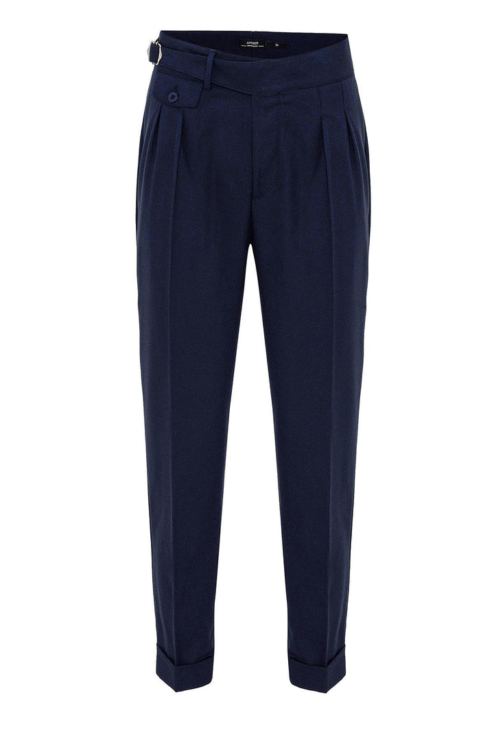 Pantaloni da uomo in tessuto plissettato a vita alta blu navy (fidanzato) con cintura con fibbia - Wessi