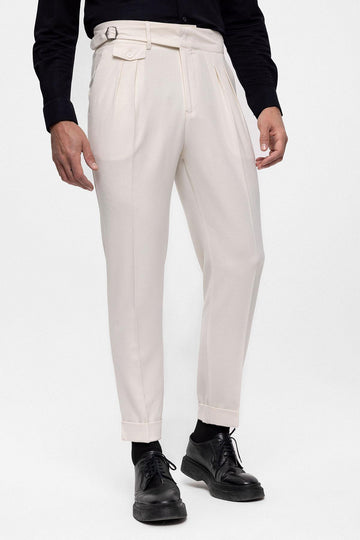 Men's Ecru High Waist (Boyfriend) Pleated Fabric Trousers With Buckle Belt - Wessi