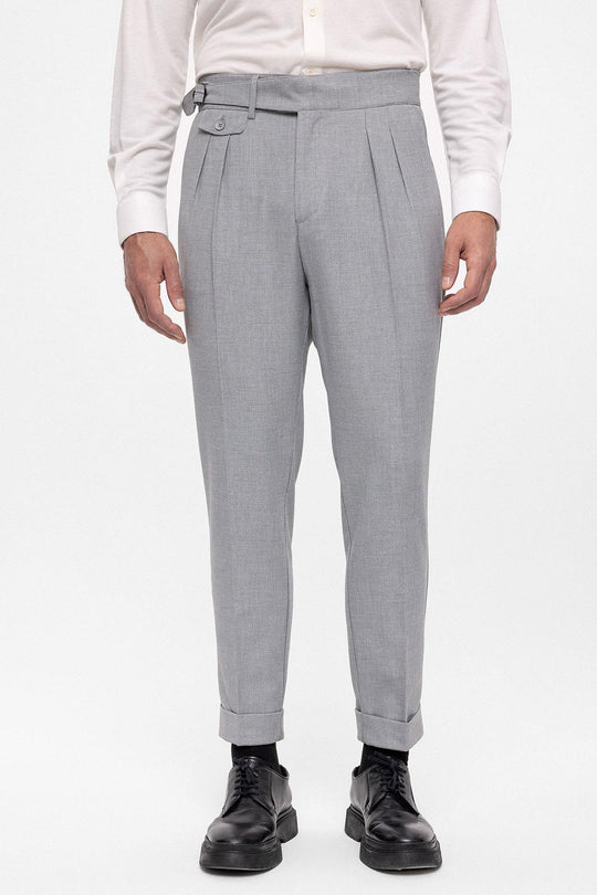 Men's Light Grey High Waist (Boyfriend) Pleated Fabric Trousers With Buckle Belt - Wessi