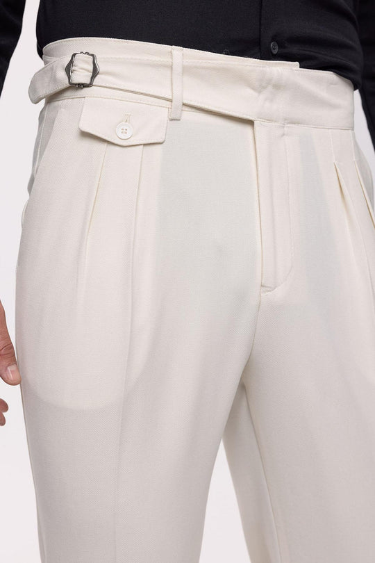 Men's Ecru High Waist (Boyfriend) Pleated Fabric Trousers With Buckle Belt - Wessi