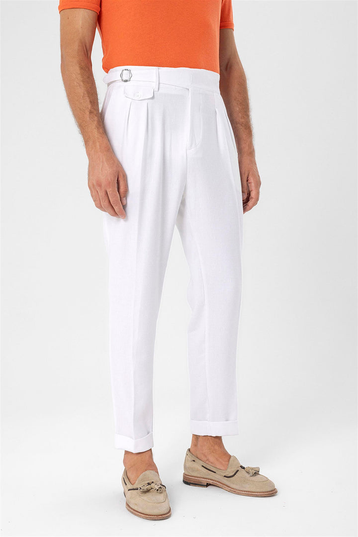 Men's White High Waist (Boyfriend) Pleated Fabric Trousers With Buckle Belt - Wessi