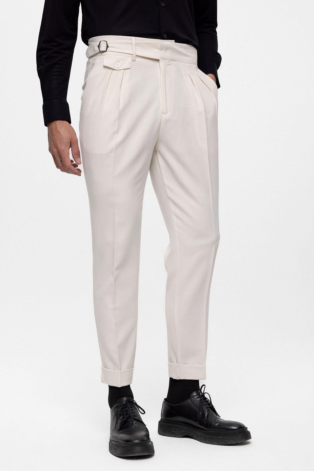 Men's Ecru High Waist (Boyfriend) Pleated Fabric Trousers