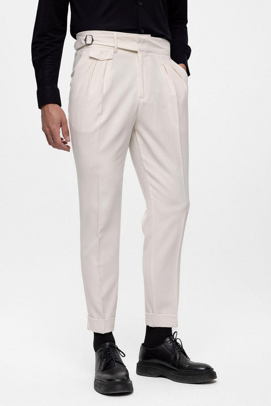 Men's Ecru High Waist (Boyfriend) Pleated Fabric Trousers With Buckle Belt - Wessi