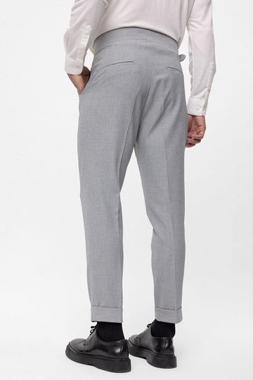 Men's Light Grey High Waist (Boyfriend) Pleated Fabric Trousers With Buckle Belt - Wessi