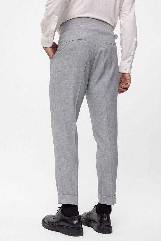 Men's Light Grey High Waist (Boyfriend) Pleated Fabric Trousers With Buckle Belt - Wessi
