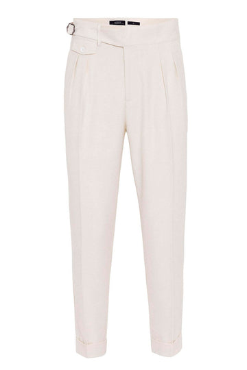 Men's Ecru High Waist (Boyfriend) Pleated Fabric Trousers With Buckle Belt - Wessi