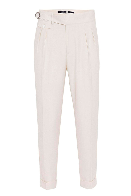 Men's Ecru High Waist (Boyfriend) Pleated Fabric Trousers With Buckle Belt - Wessi