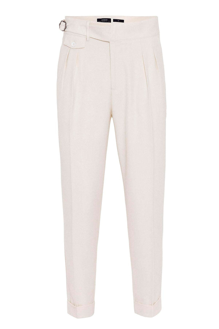 Pantalon Homme Écru Taille Haute (Boyfriend) En Tissu Plissé Avec Ceinture À Boucle - Wessi