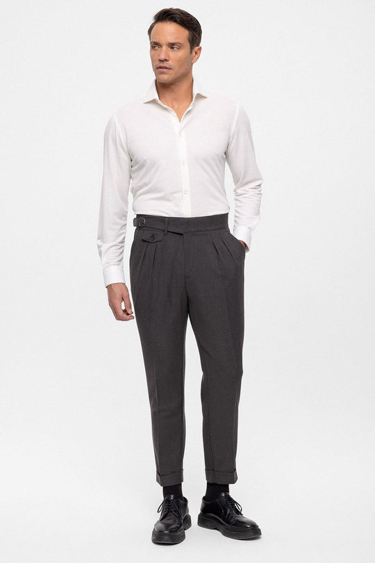 Pantalon Homme Anthracite Taille Haute (Boyfriend) En Tissu Plissé Avec Ceinture À Boucle - Wessi
