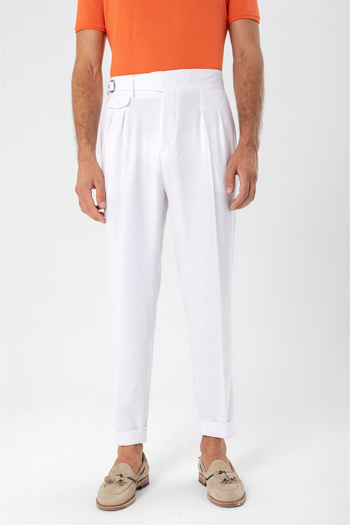 Men's White High Waist (Boyfriend) Pleated Fabric Trousers With Buckle Belt - Wessi
