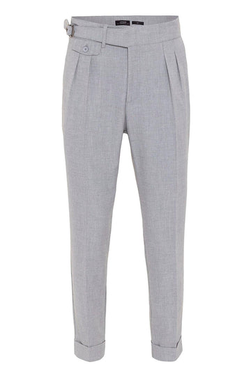 Men's Light Grey High Waist (Boyfriend) Pleated Fabric Trousers With Buckle Belt - Wessi