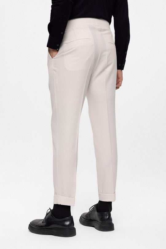 Men's Ecru High Waist (Boyfriend) Pleated Fabric Trousers With Buckle Belt - Wessi