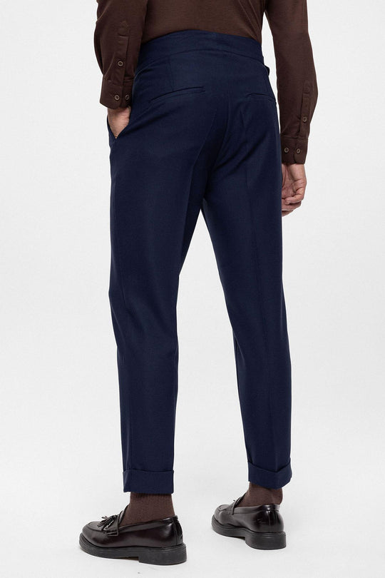 Pantalon Homme Bleu Marine Taille Haute (Boyfriend) En Tissu Plissé Avec Ceinture À Boucle - Wessi