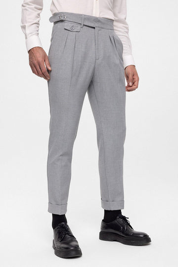 Men's Light Grey High Waist (Boyfriend) Pleated Fabric Trousers With Buckle Belt - Wessi