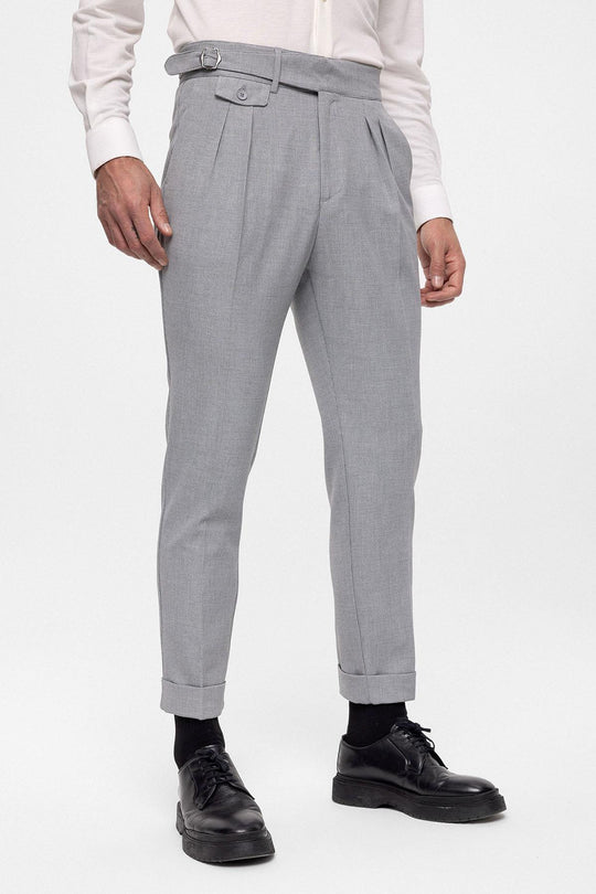 Men's Light Grey High Waist (Boyfriend) Pleated Fabric Trousers With Buckle Belt - Wessi