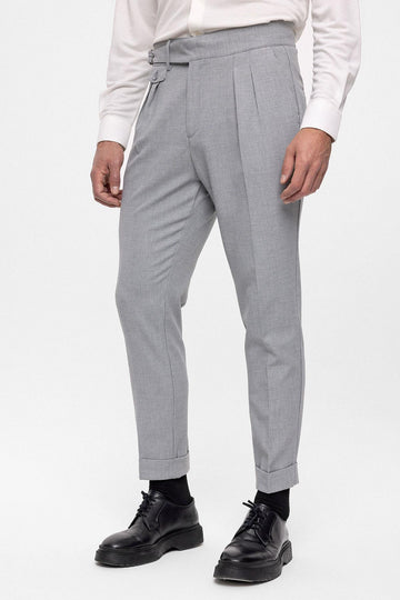 Men's Light Grey High Waist (Boyfriend) Pleated Fabric Trousers With Buckle Belt - Wessi