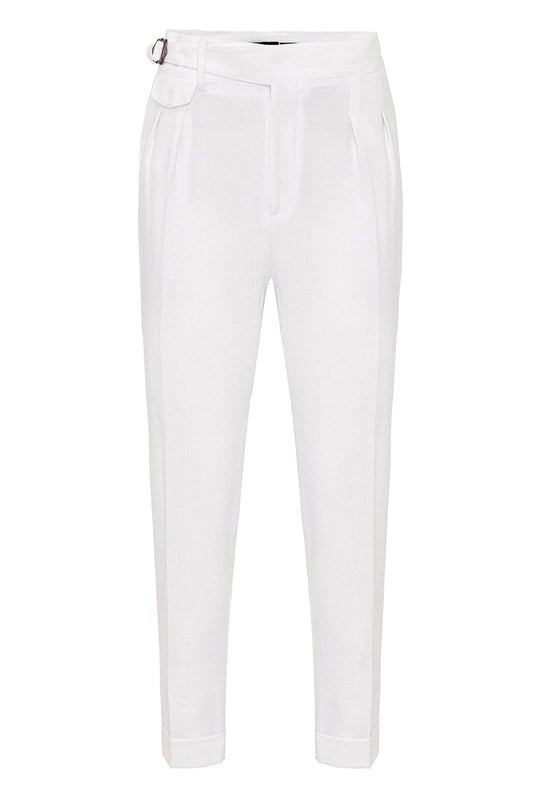 Pantalon Homme Blanc Taille Haute (Boyfriend) En Tissu Plissé Avec Ceinture À Boucle - Wessi