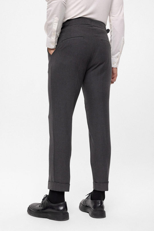 Men's Anthracite High Waist (Boyfriend) Side Buckled Belt Detail Pleated Fabric Trousers - Wessi