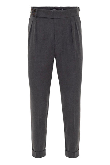 Men's Anthracite High Waist (Boyfriend) Side Buckled Belt Detail Pleated Fabric Trousers - Wessi