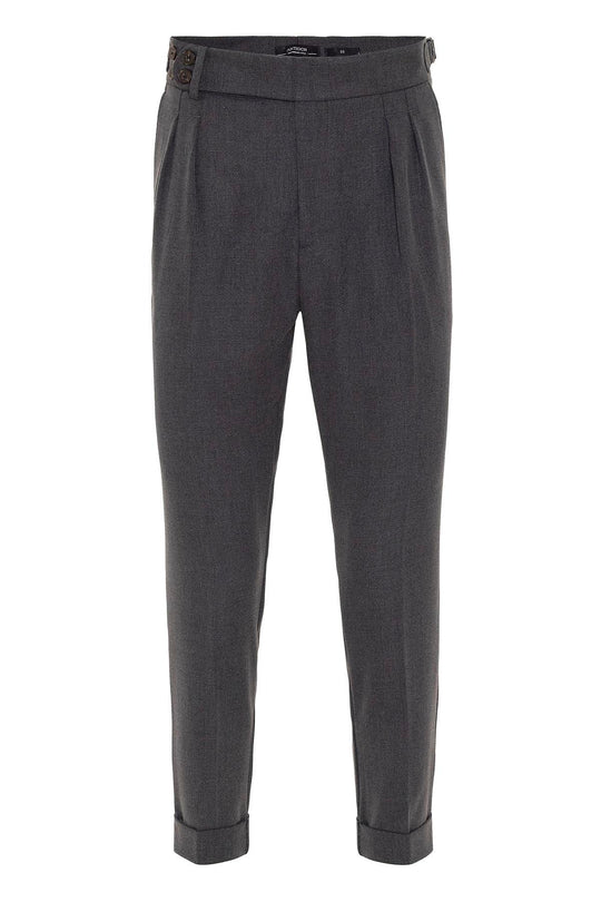 Men's Anthracite High Waist (Boyfriend) Side Buckled Belt Detail Pleated Fabric Trousers - Wessi