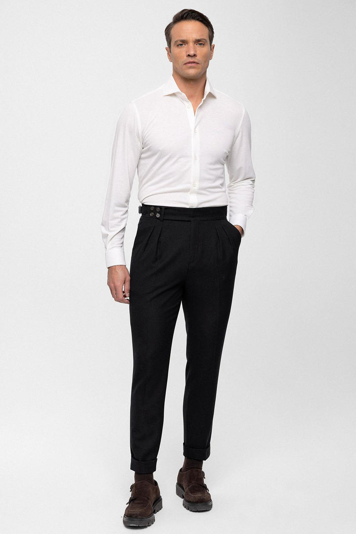 Men's Black High Waist (Boyfriend) Side Buckled Belt Detail Pleated Fabric Trousers - Wessi