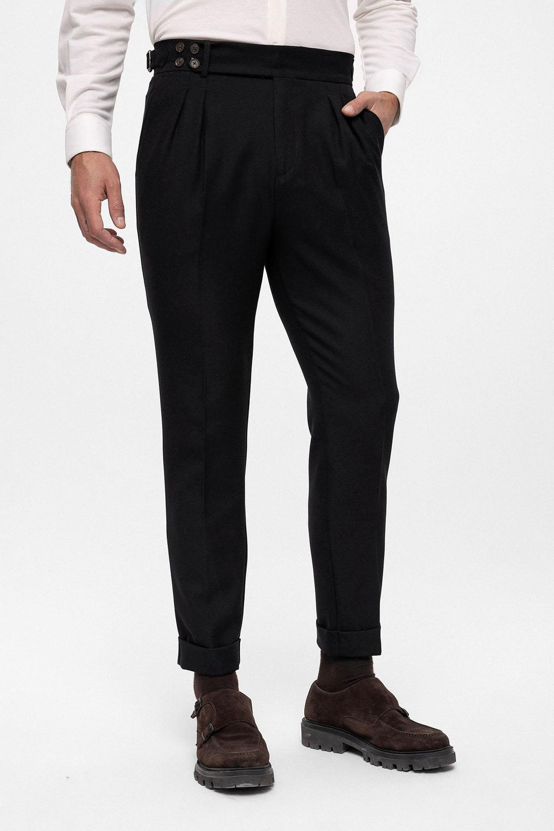 Men's Black High Waist (Boyfriend) Side Buckled Belt Detail Pleated Fabric Trousers - Wessi