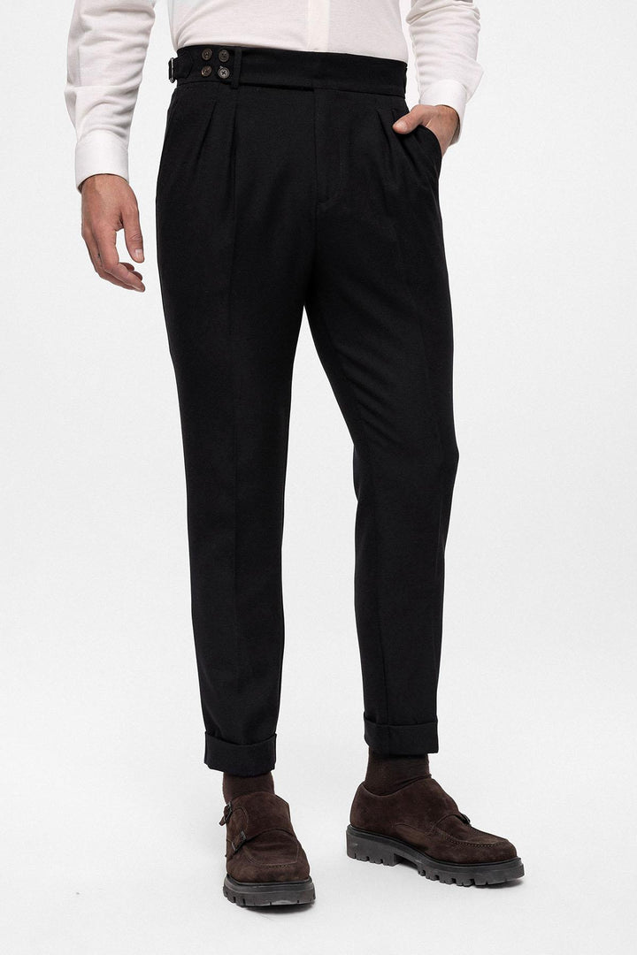 Men's Black High Waist (Boyfriend) Side Buckled Belt Detail Pleated Fabric Trousers - Wessi