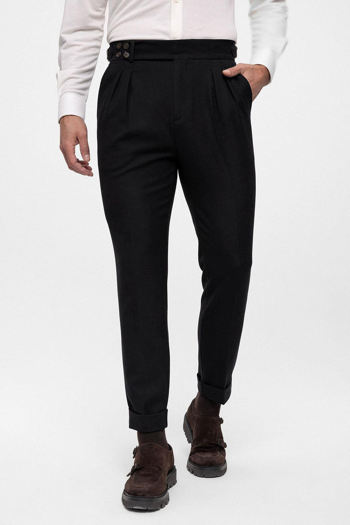 Men's Black High Waist (Boyfriend) Side Buckled Belt Detail Pleated Fabric Trousers - Wessi