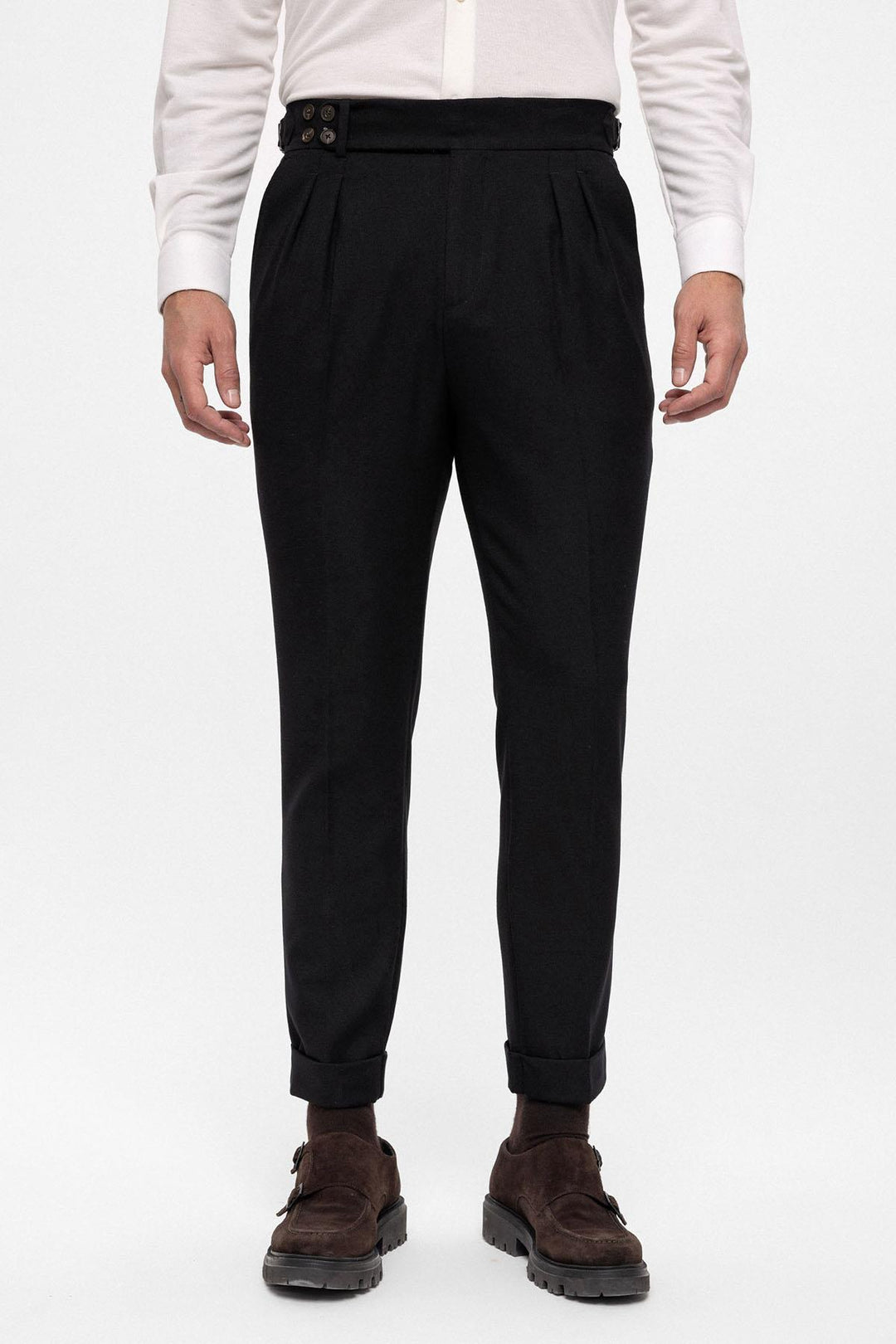 Men's Black High Waist (Boyfriend) Side Buckled Belt Detail Pleated Fabric Trousers - Wessi