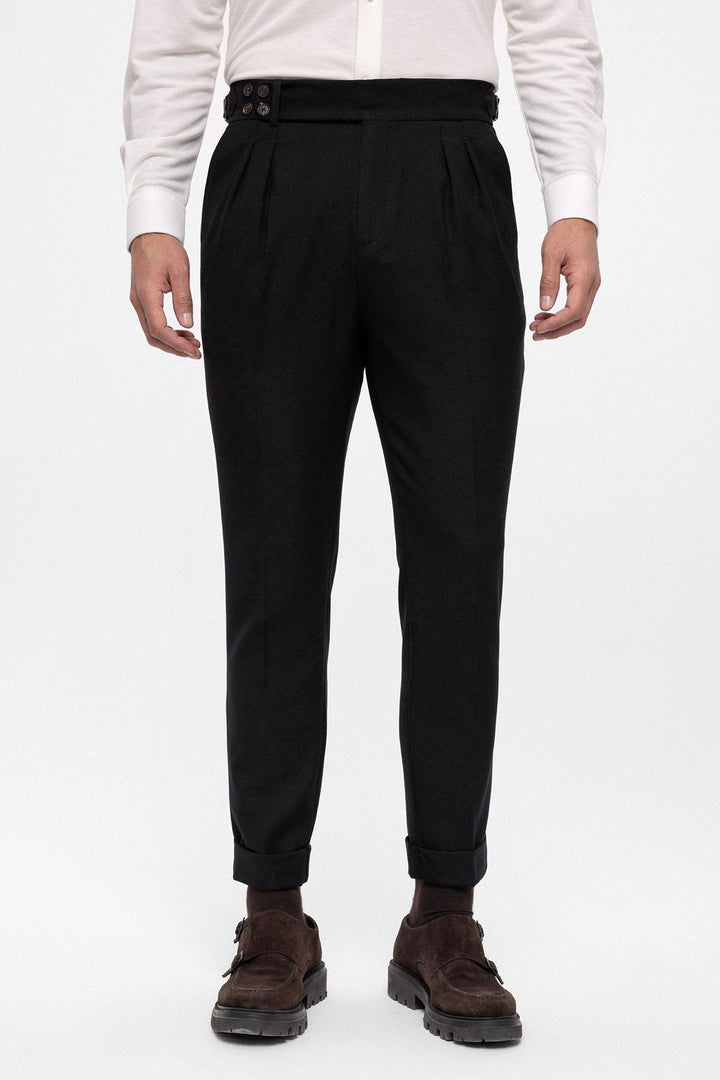 Men's Black High Waist (Boyfriend) Side Buckled Belt Detail Pleated Fabric Trousers - Wessi