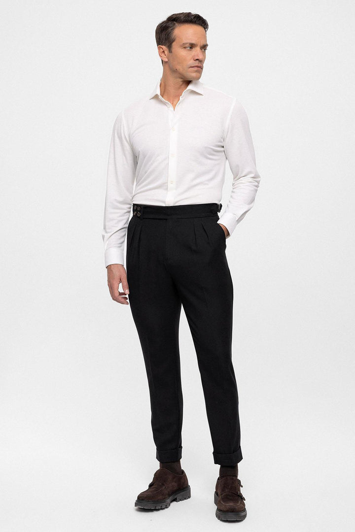 Men's Black High Waist (Boyfriend) Side Buckled Belt Detail Pleated Fabric Trousers - Wessi