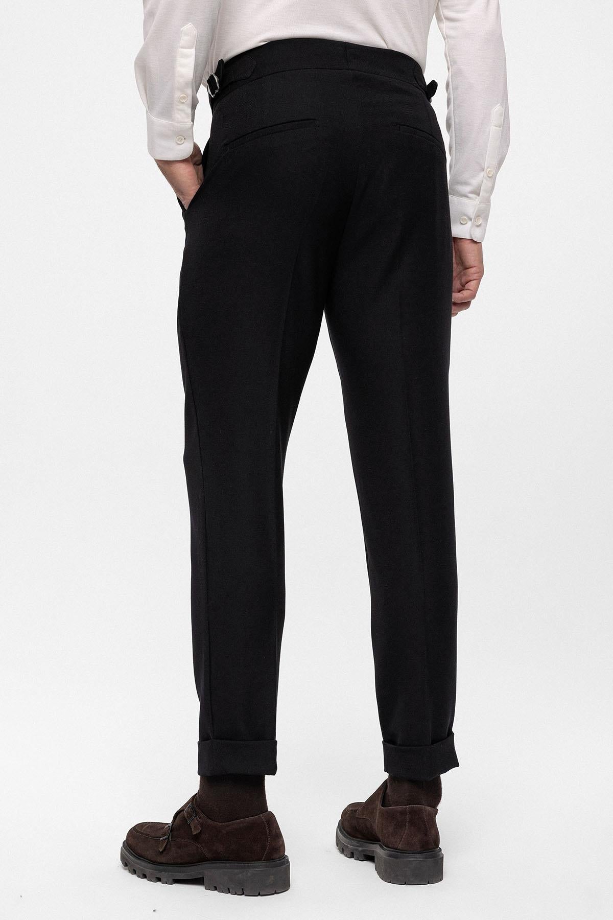 Men's Black High Waist (Boyfriend) Side Buckled Belt Detail Pleated Fabric Trousers - Wessi Men's Black High Waist (Boyfriend) Side Buckled Belt Detail Pleated Fabric Trousers - Wessi