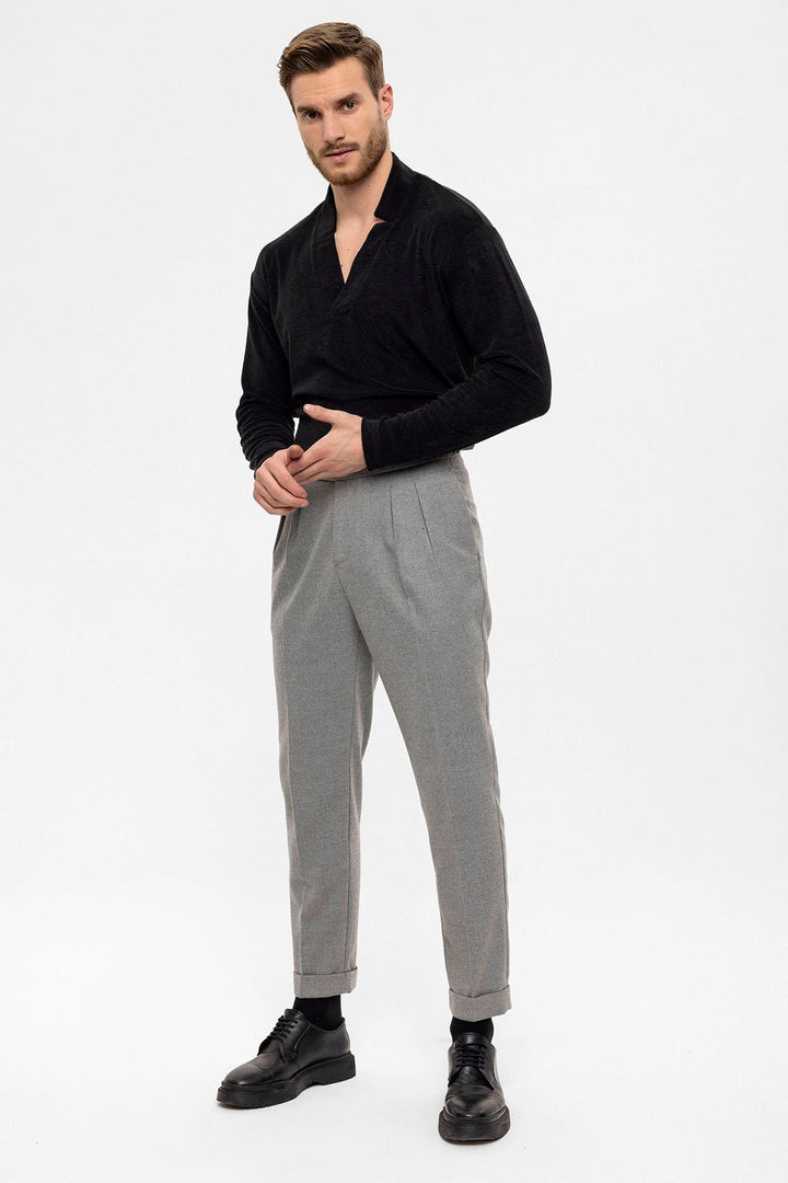 Men's Grey High Waist Double Pleated  Trousers - Wessi