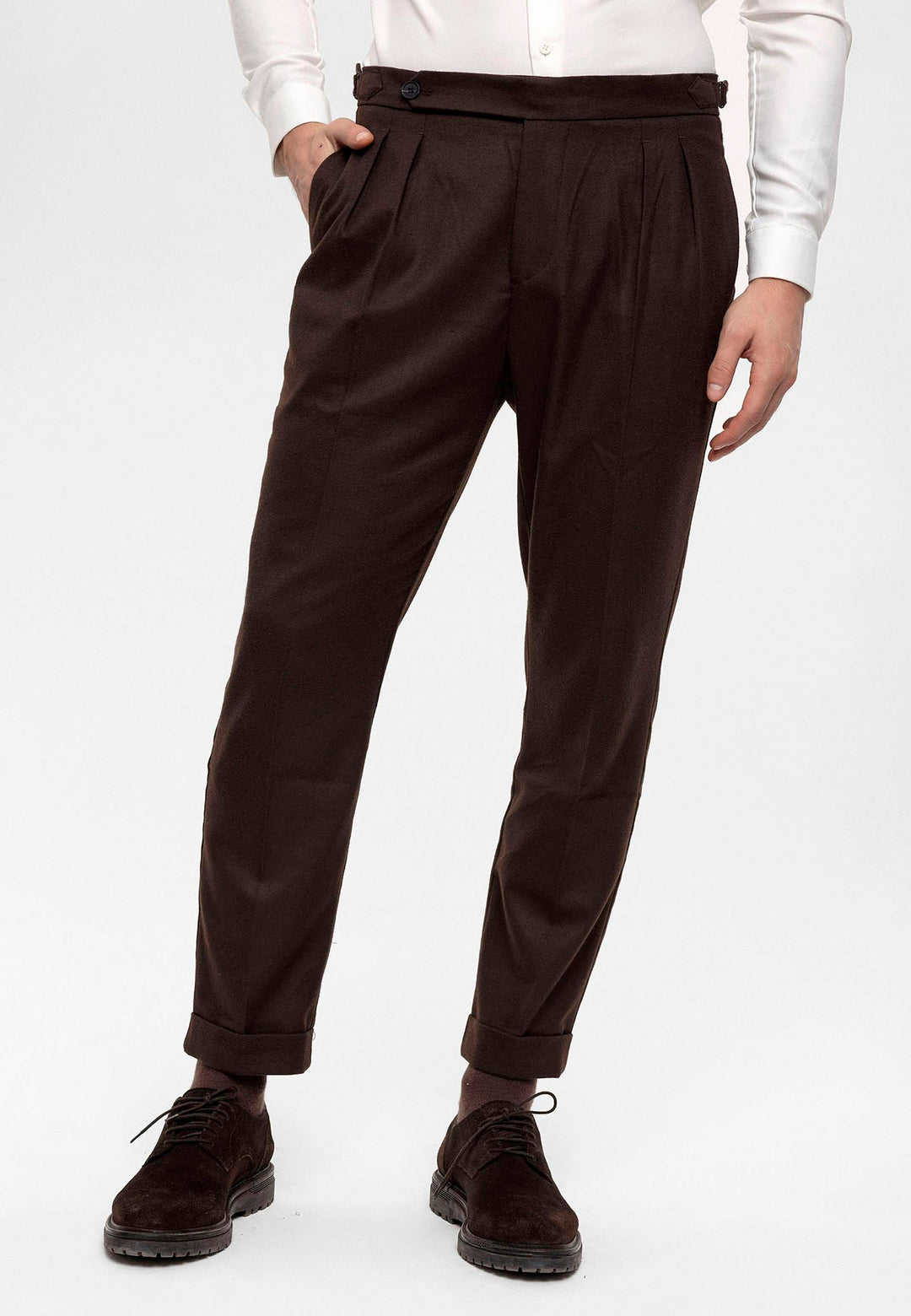 Men's Brown High Waist Double Pleated  Trousers - Wessi