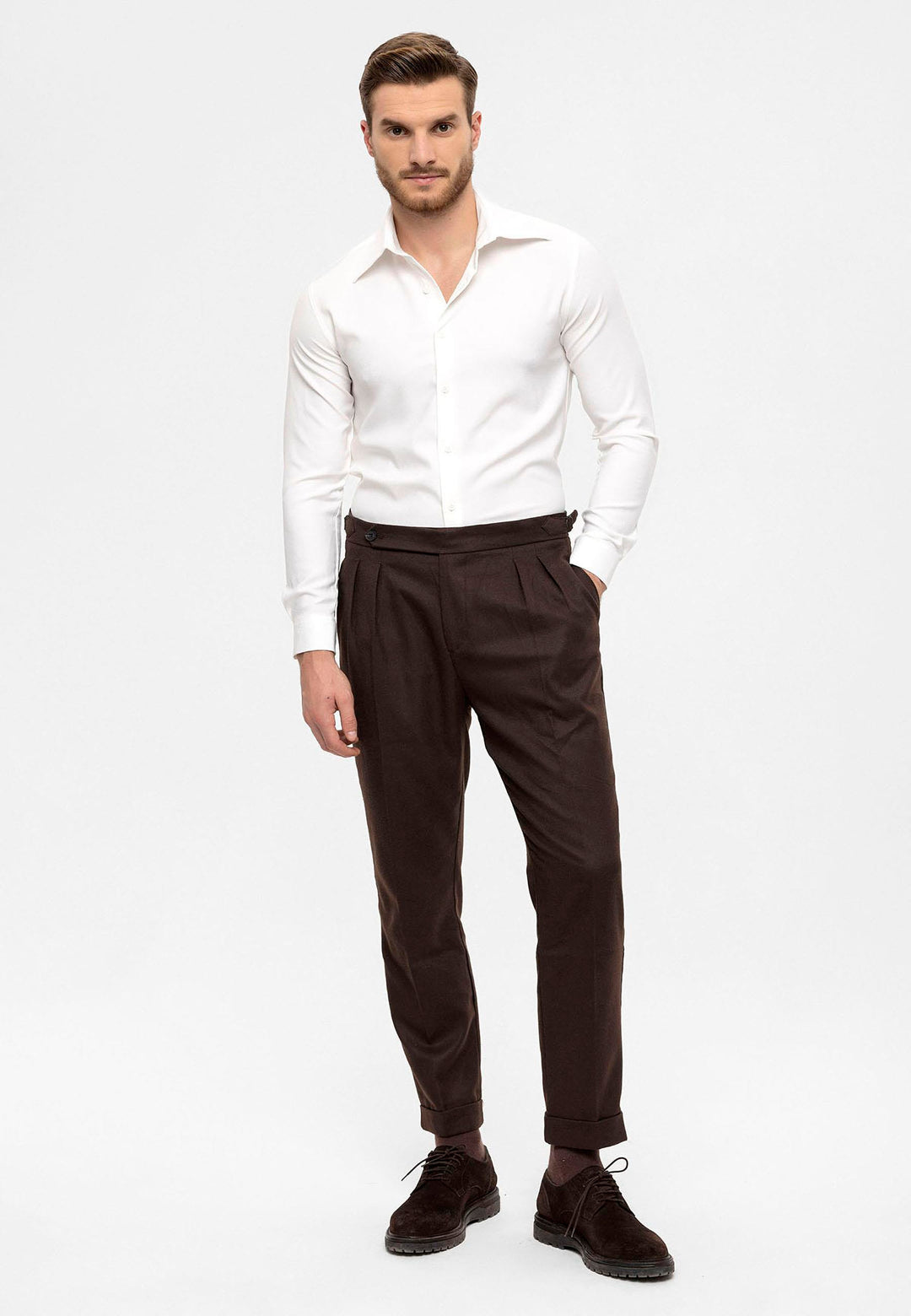 Men's Brown High Waist Double Pleated  Trousers - Wessi
