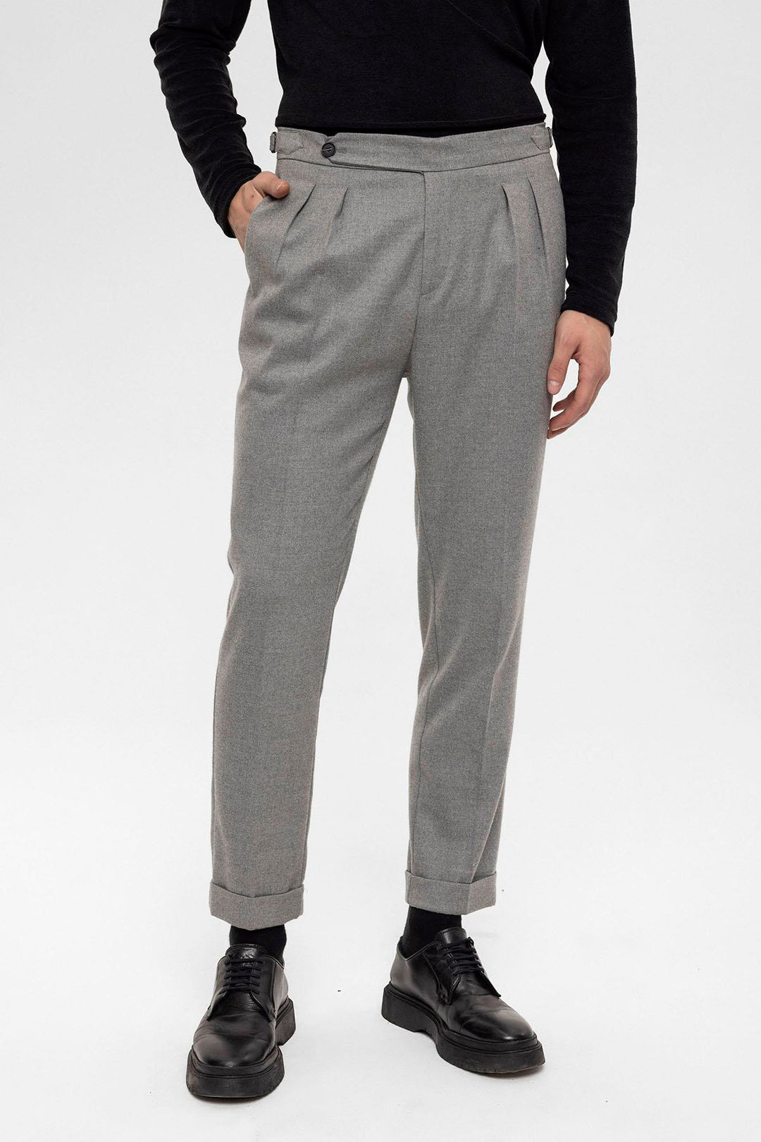 Men's Grey High Waist Double Pleated  Trousers - Wessi