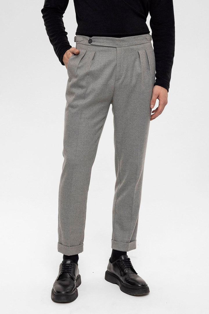 Men's Grey High Waist Double Pleated  Trousers - Wessi