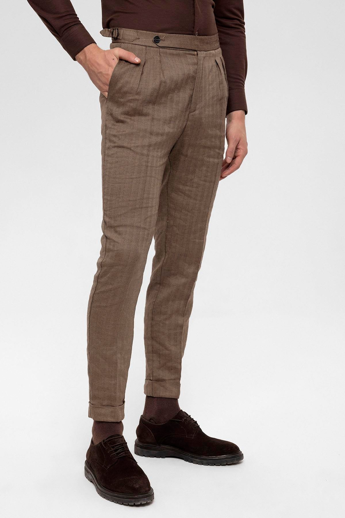 Men's Camel High Waist Double Pleated Trousers - Wessi