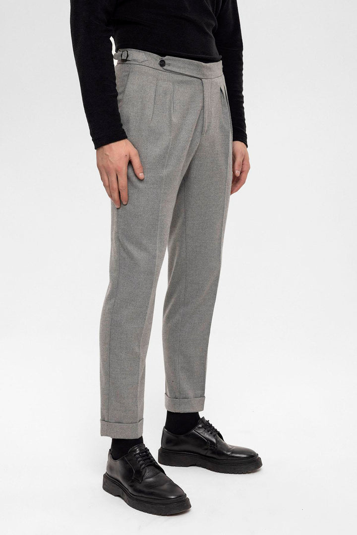 Men's Grey High Waist Double Pleated  Trousers - Wessi