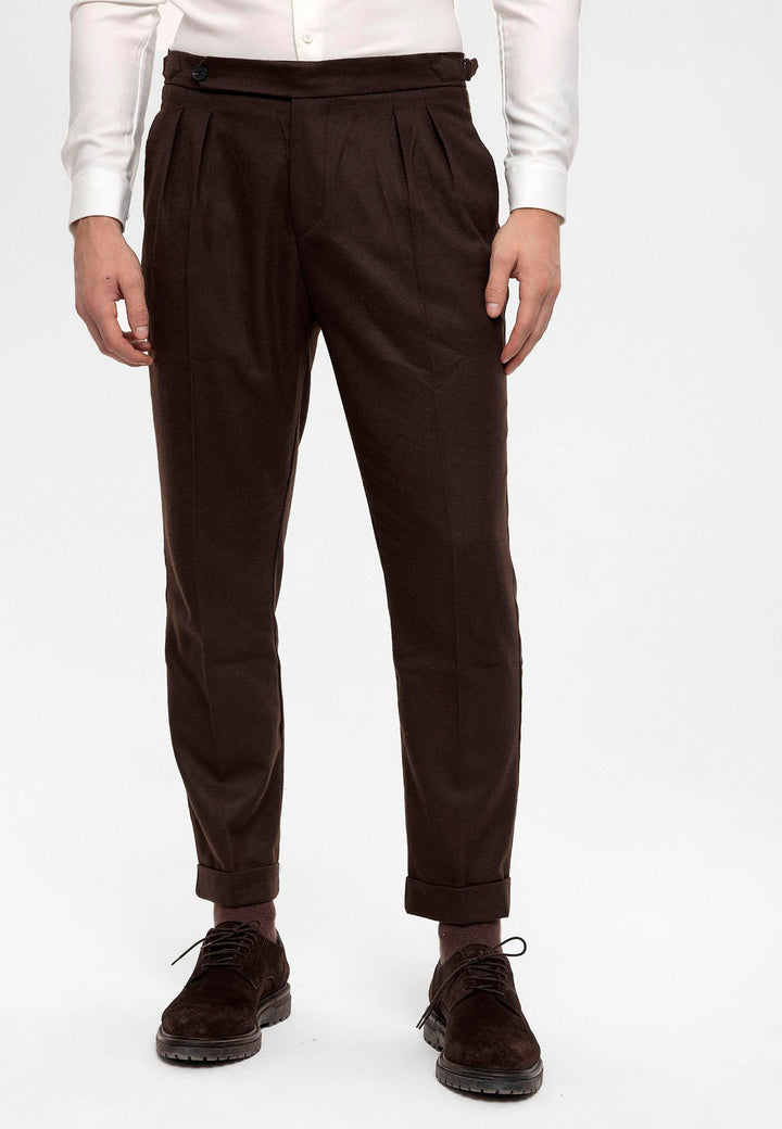 Men's Brown High Waist Double Pleated  Trousers - Wessi