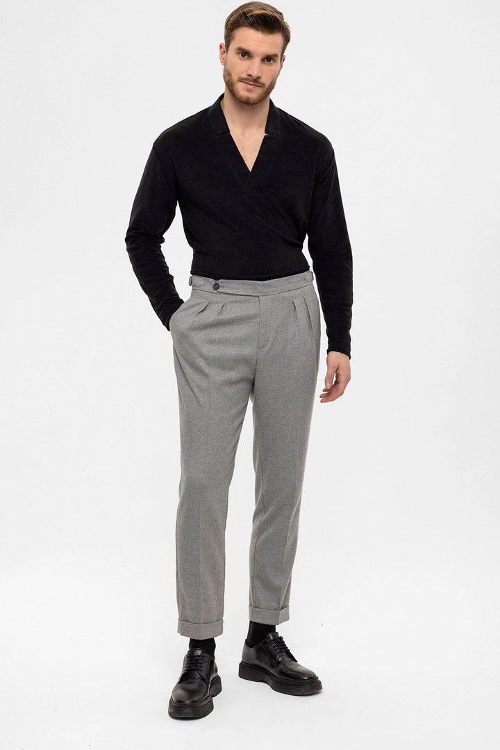 Men's Grey High Waist Double Pleated  Trousers - Wessi