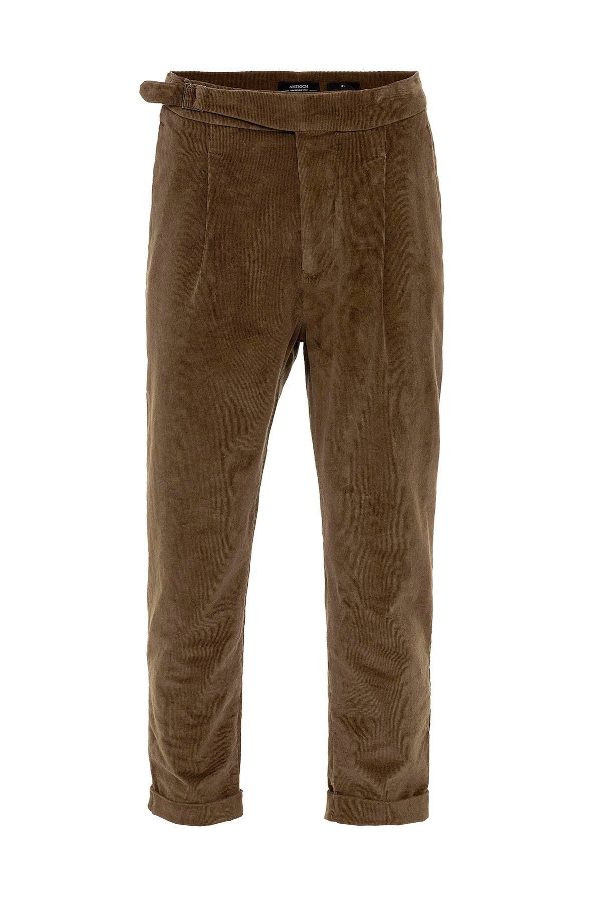 Men's Milky Brown High Waist Double Leg Velvet Trousers - Wessi