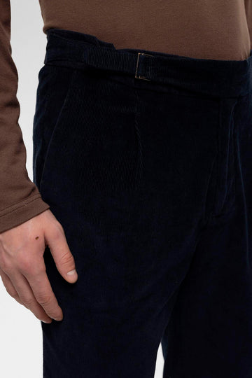 Men's Navy Blue High Waist Double Leg Velvet  Trousers - Wessi