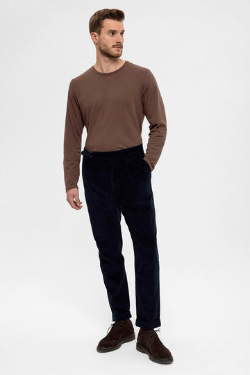 Men's Navy Blue High Waist Double Leg Velvet  Trousers - Wessi